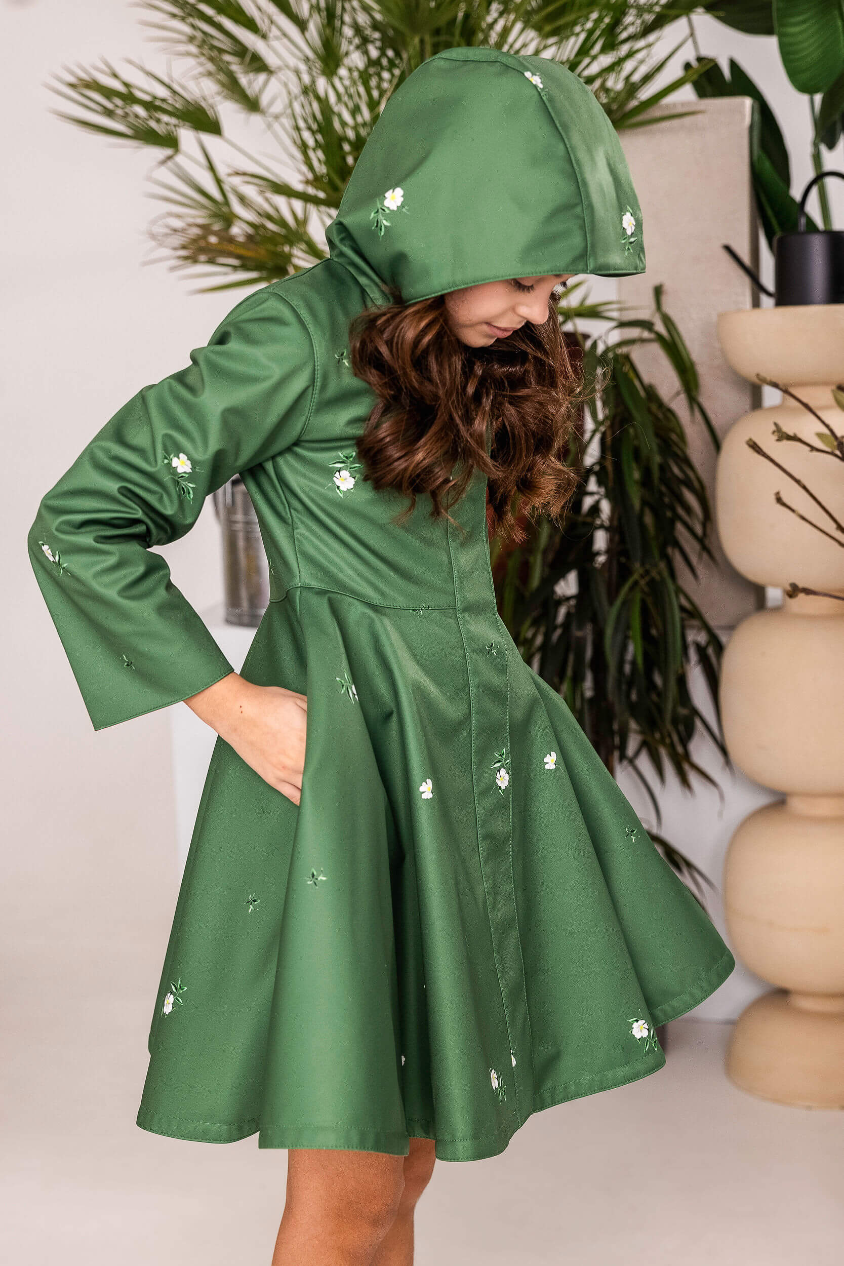 Girl's Green Coat with Floral Print | Primrose in Bloom - Image 3