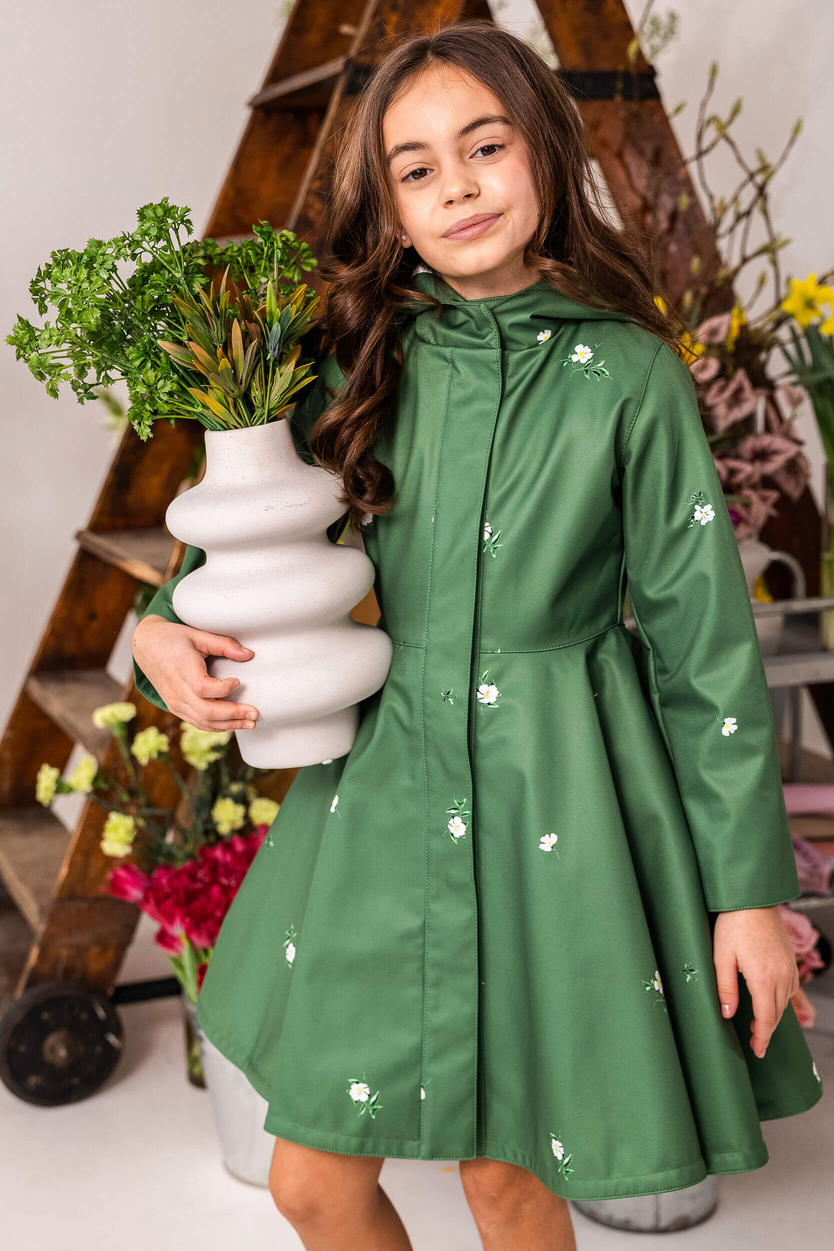 Girl's Green Coat with Floral Print | Primrose in Bloom - Image 4