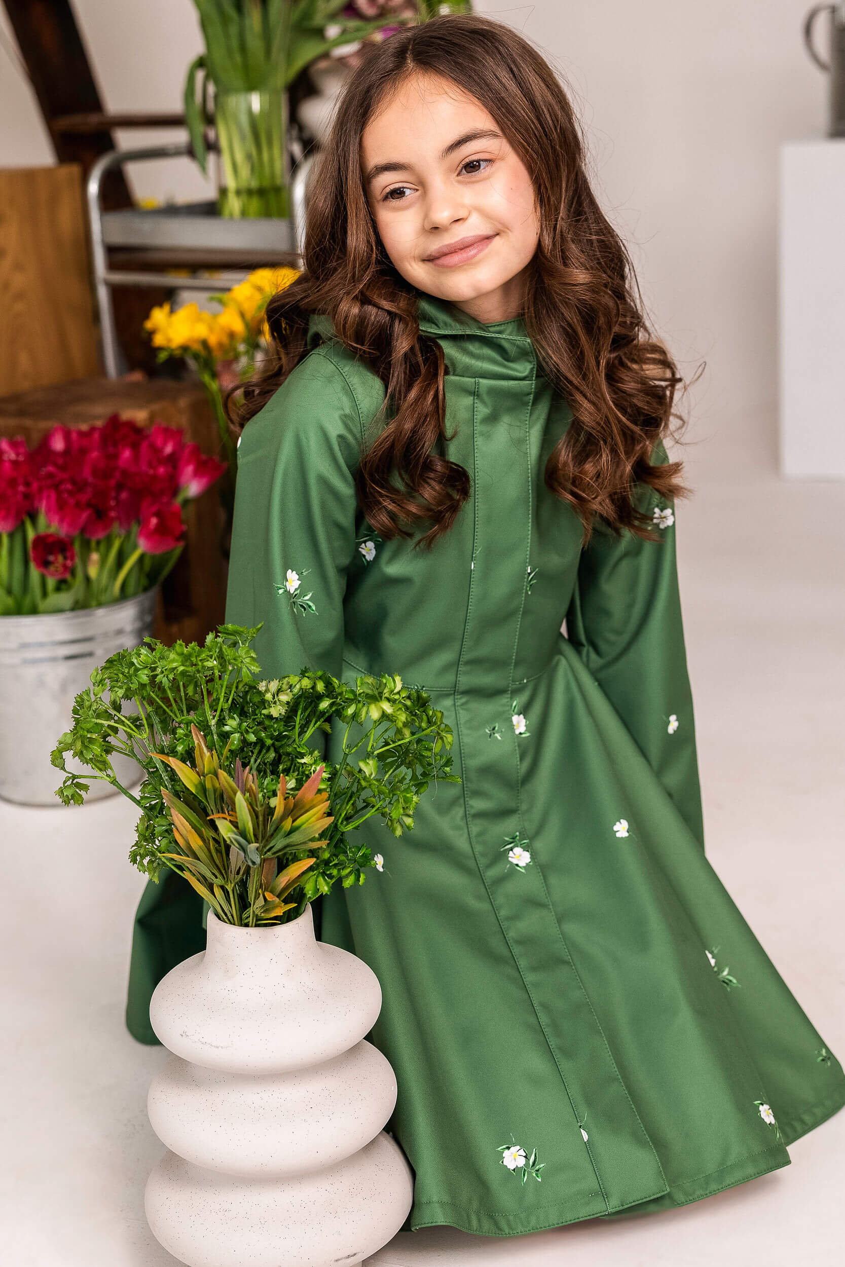 Girl's Green Coat with Floral Print | Primrose in Bloom - Image 9