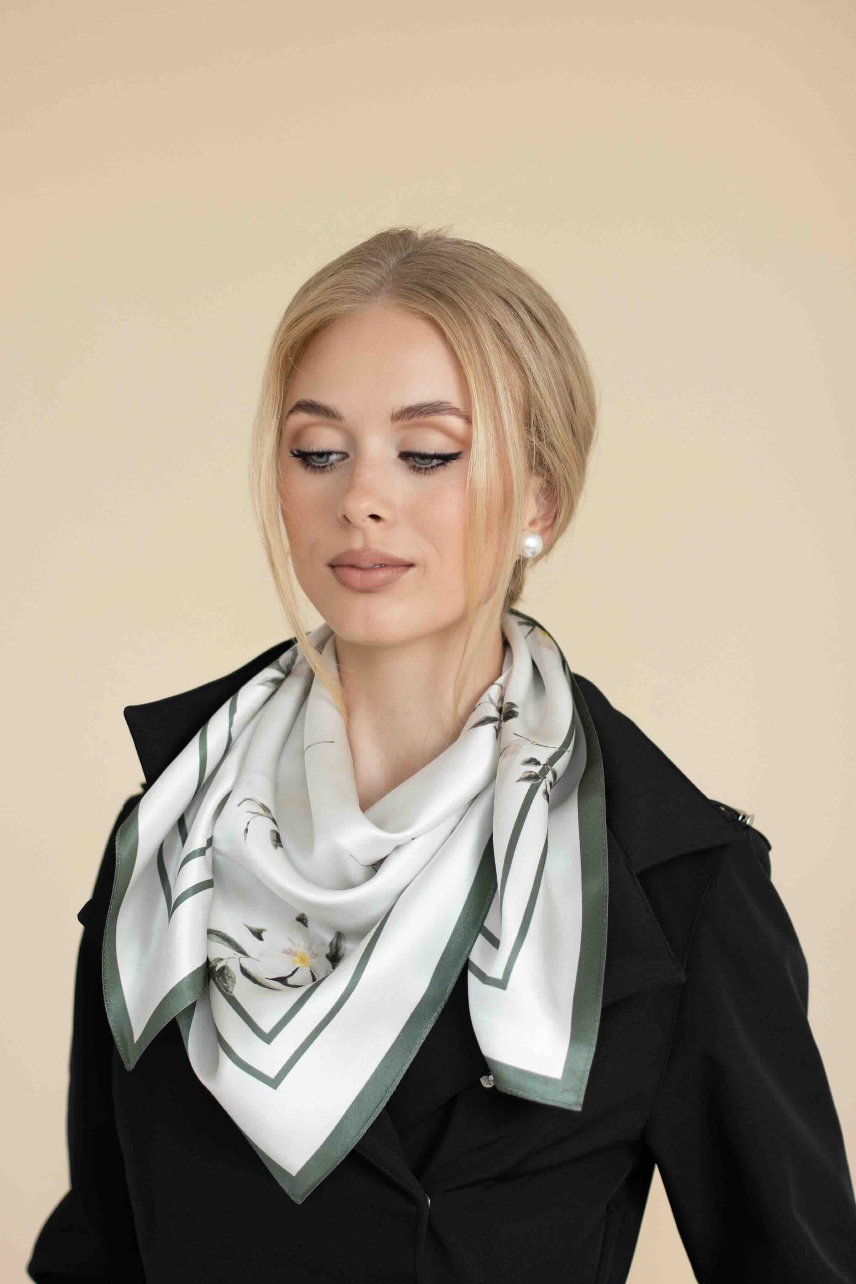 Large Floral Natural Silk Scarf | Beige Collection - Image 2