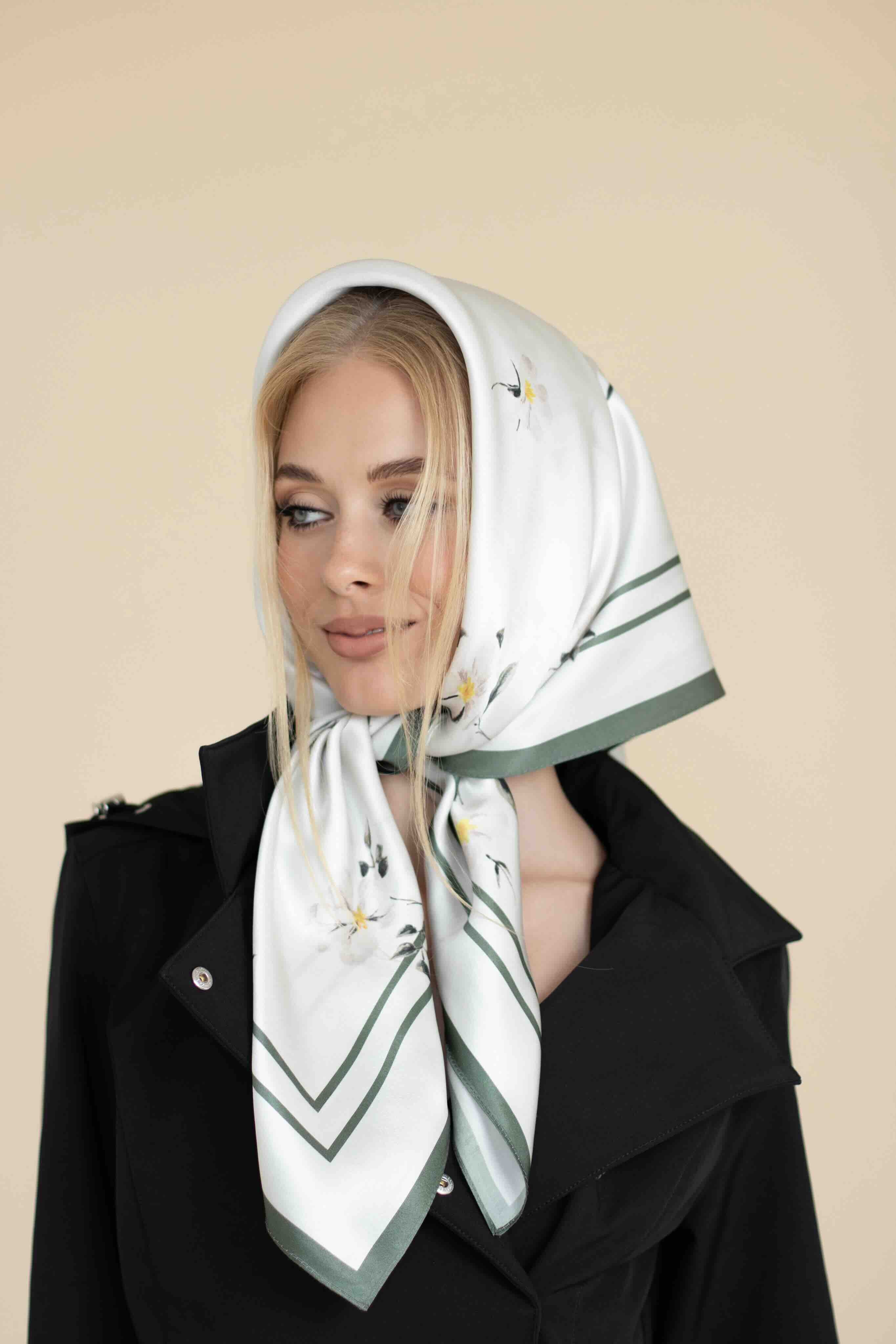 Large Floral Natural Silk Scarf | Beige Collection - Image 3