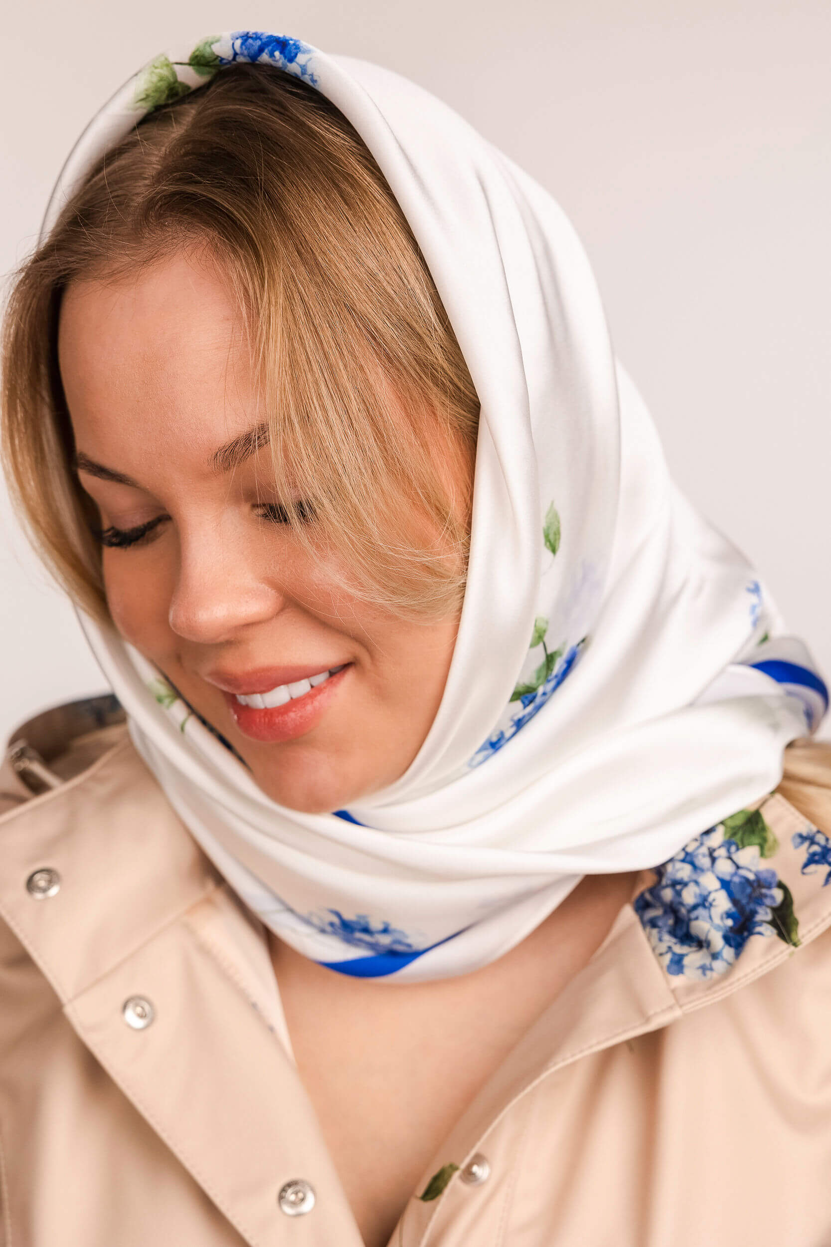 Large Floral Natural Silk Scarf | White & Blue - Image 2