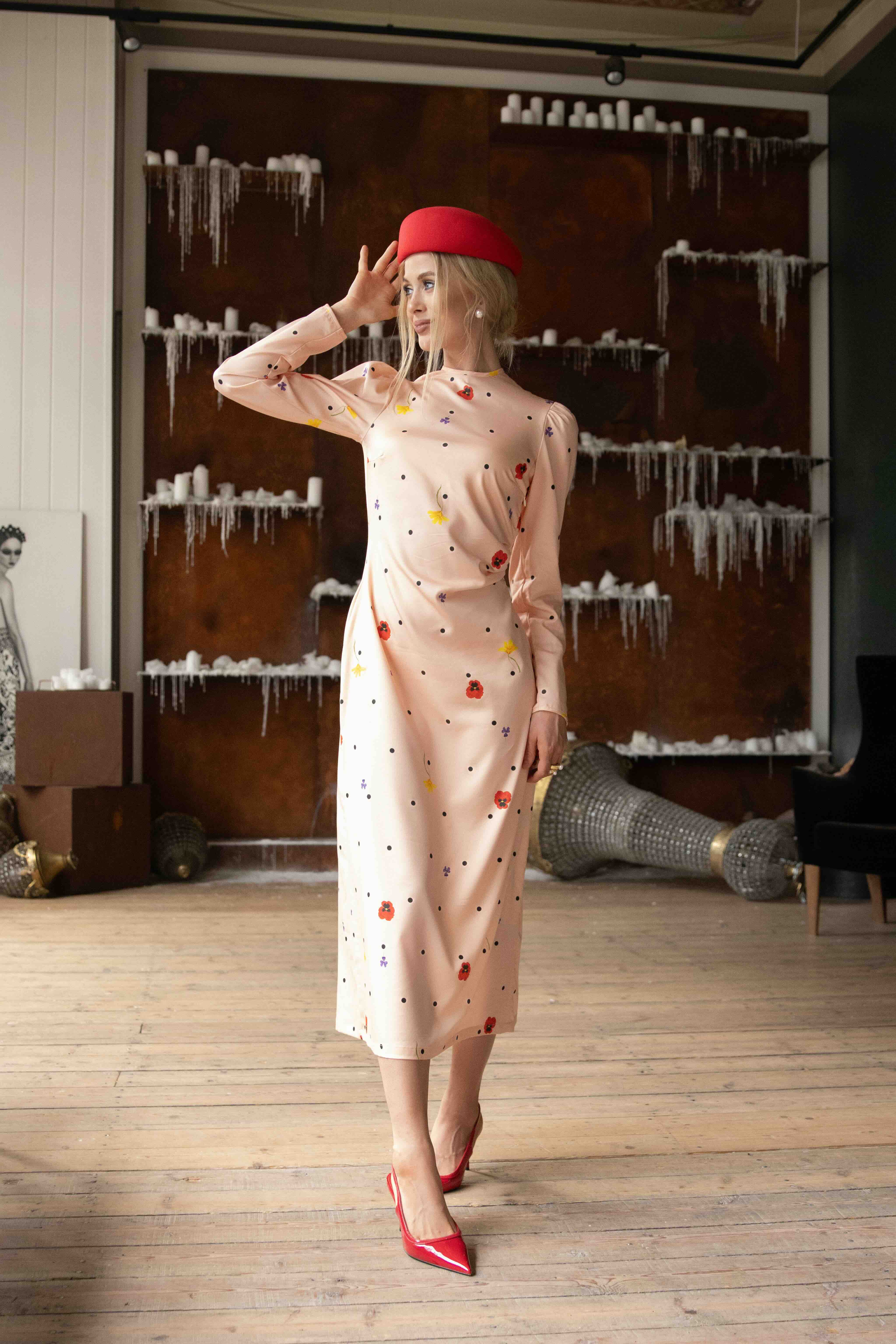 Long Sleeve Midi Dress in Pink | Peach Blossom - Image 6