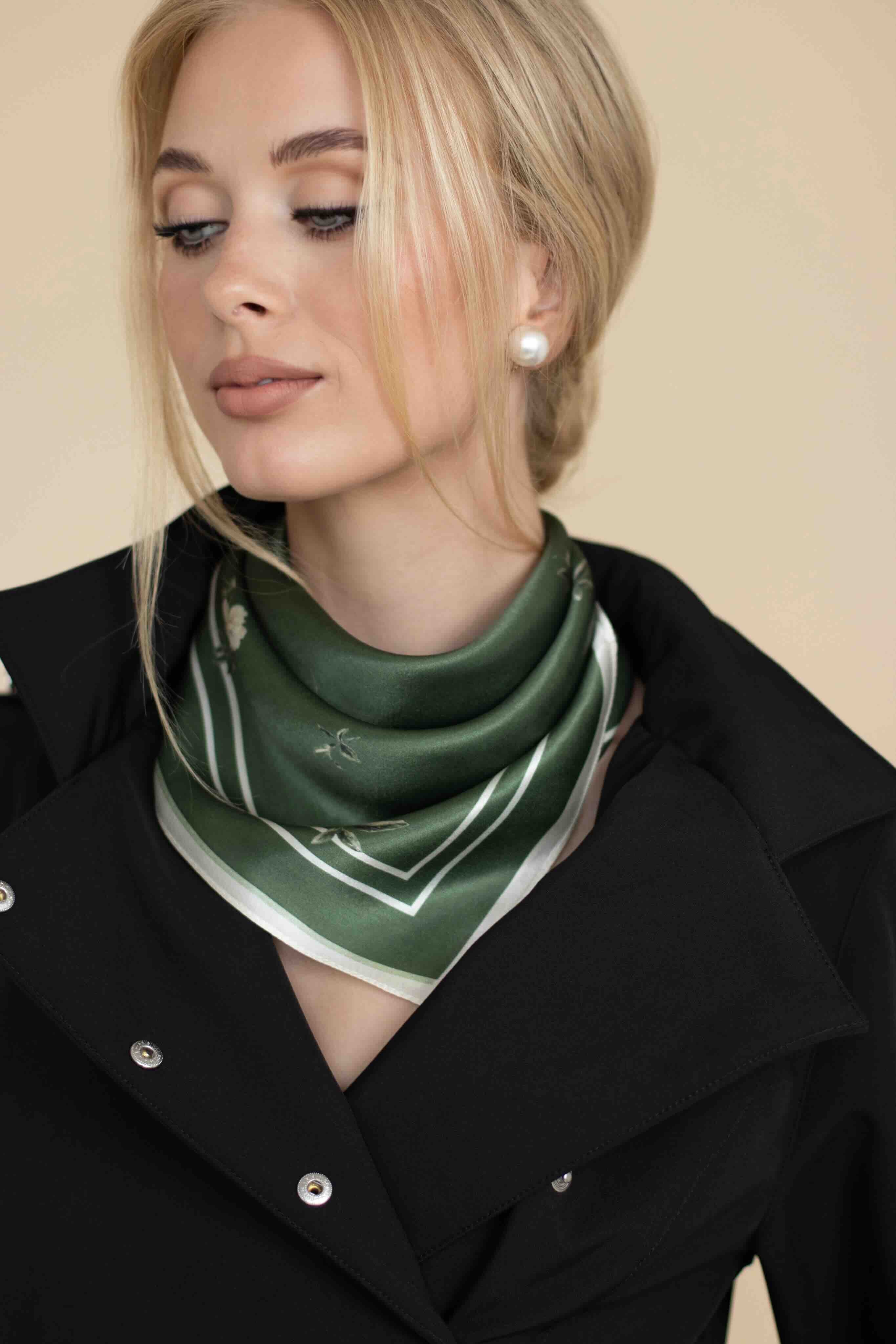 Small Floral Print Natural Silk Scarf | Green Collection - Image 2