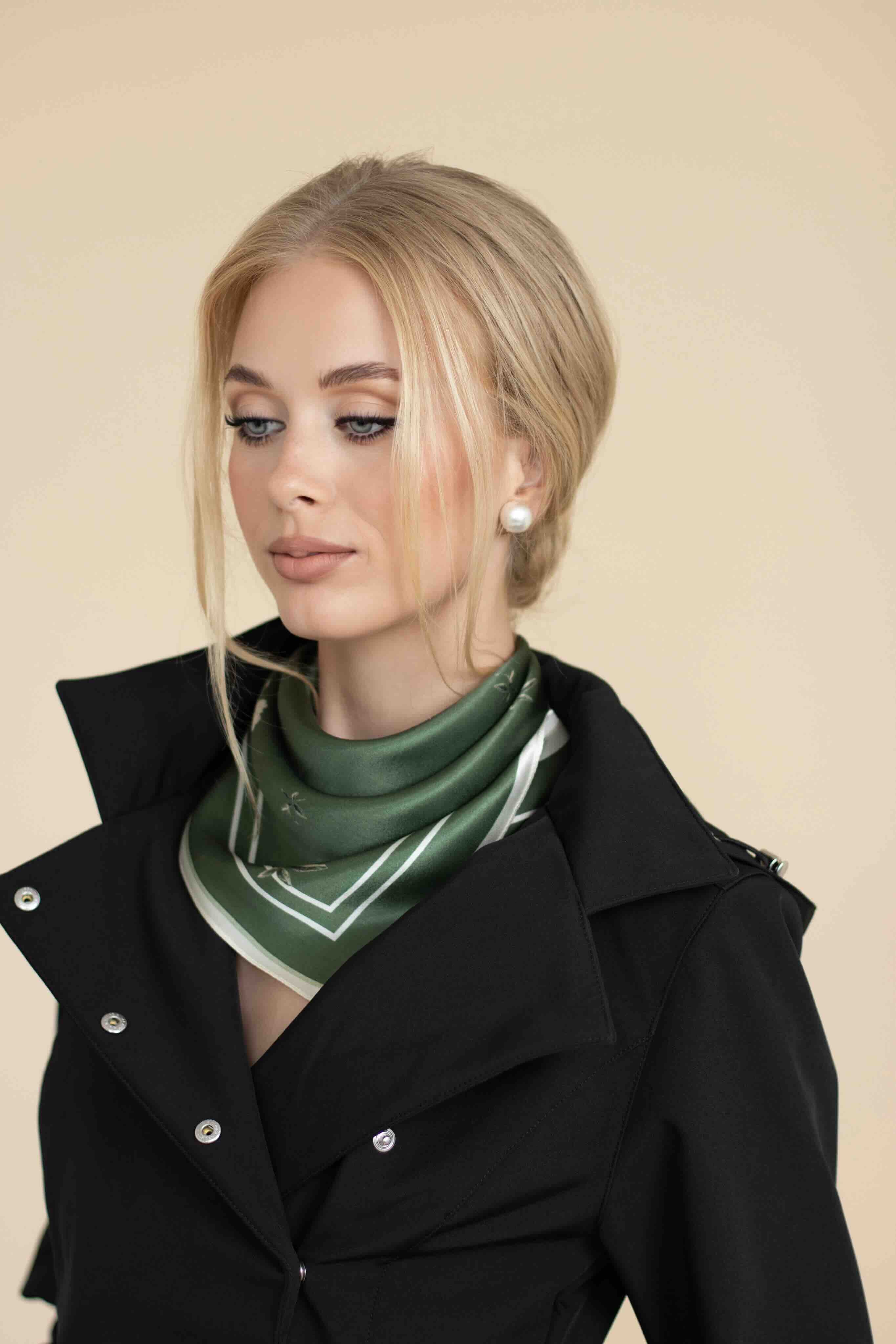 Small Floral Print Natural Silk Scarf | Green Collection - Image 3