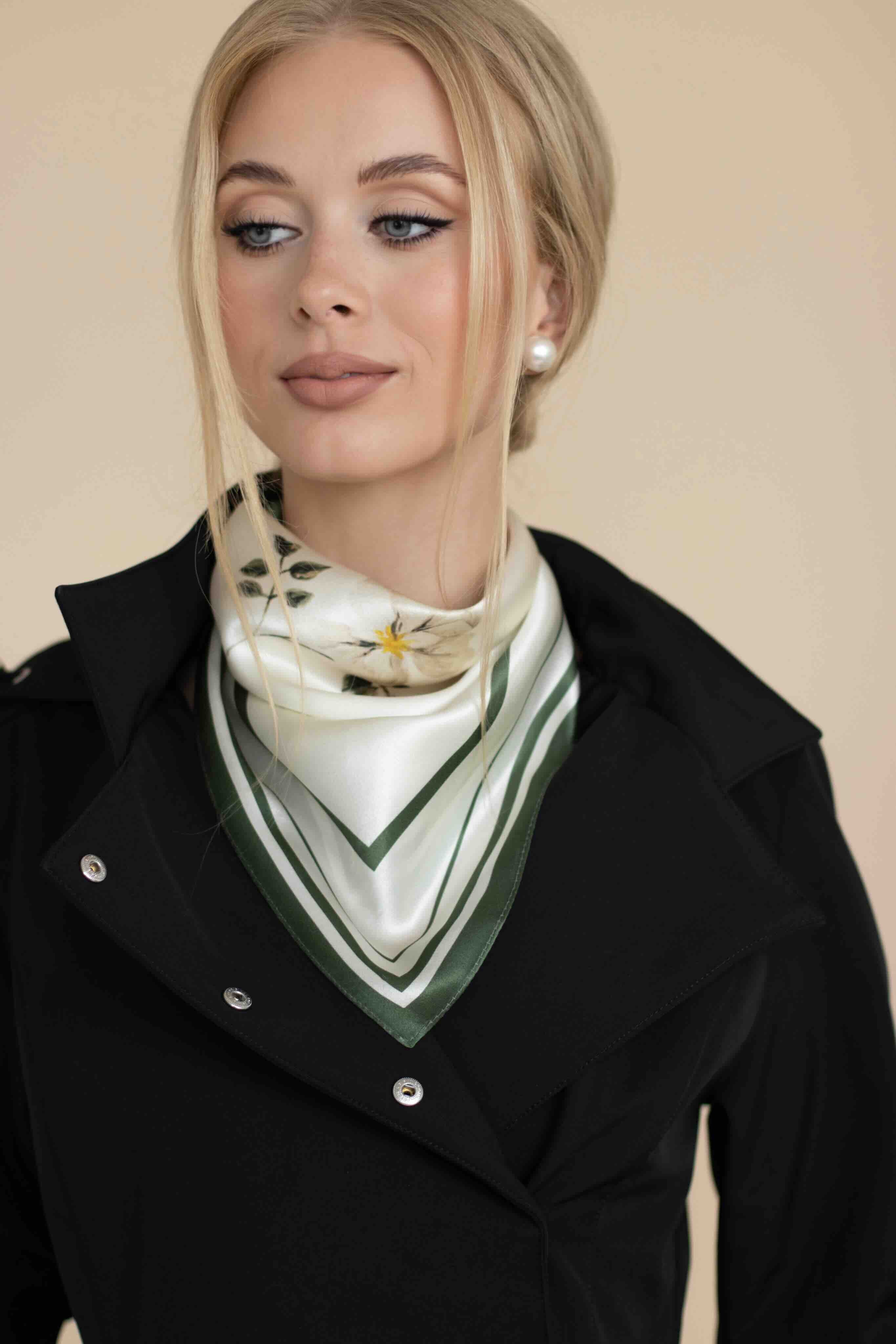 Small Minimal Floral Natural Silk Scarf | Beige Collection - Image 2