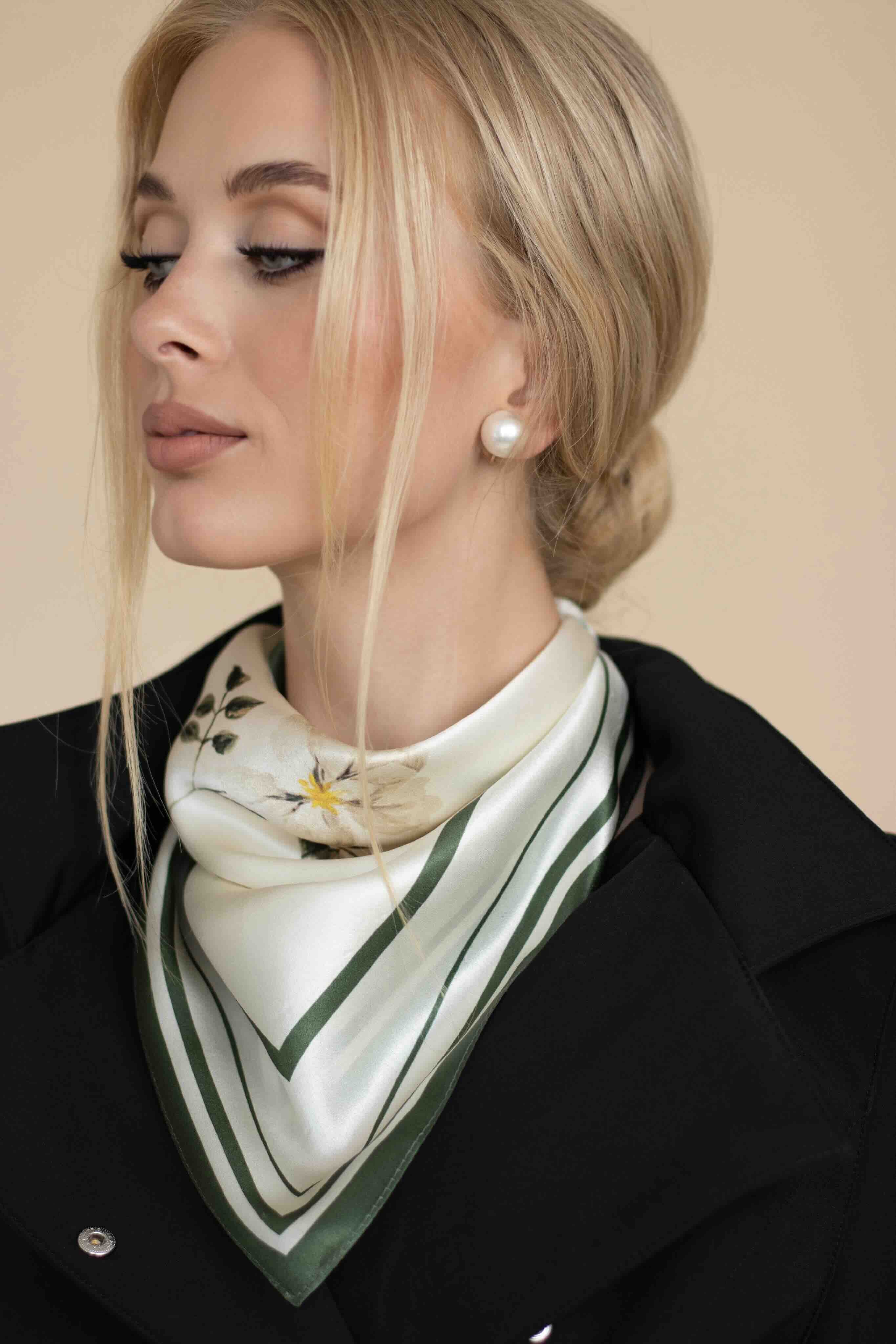 Small Minimal Floral Natural Silk Scarf | Beige Collection - Image 3