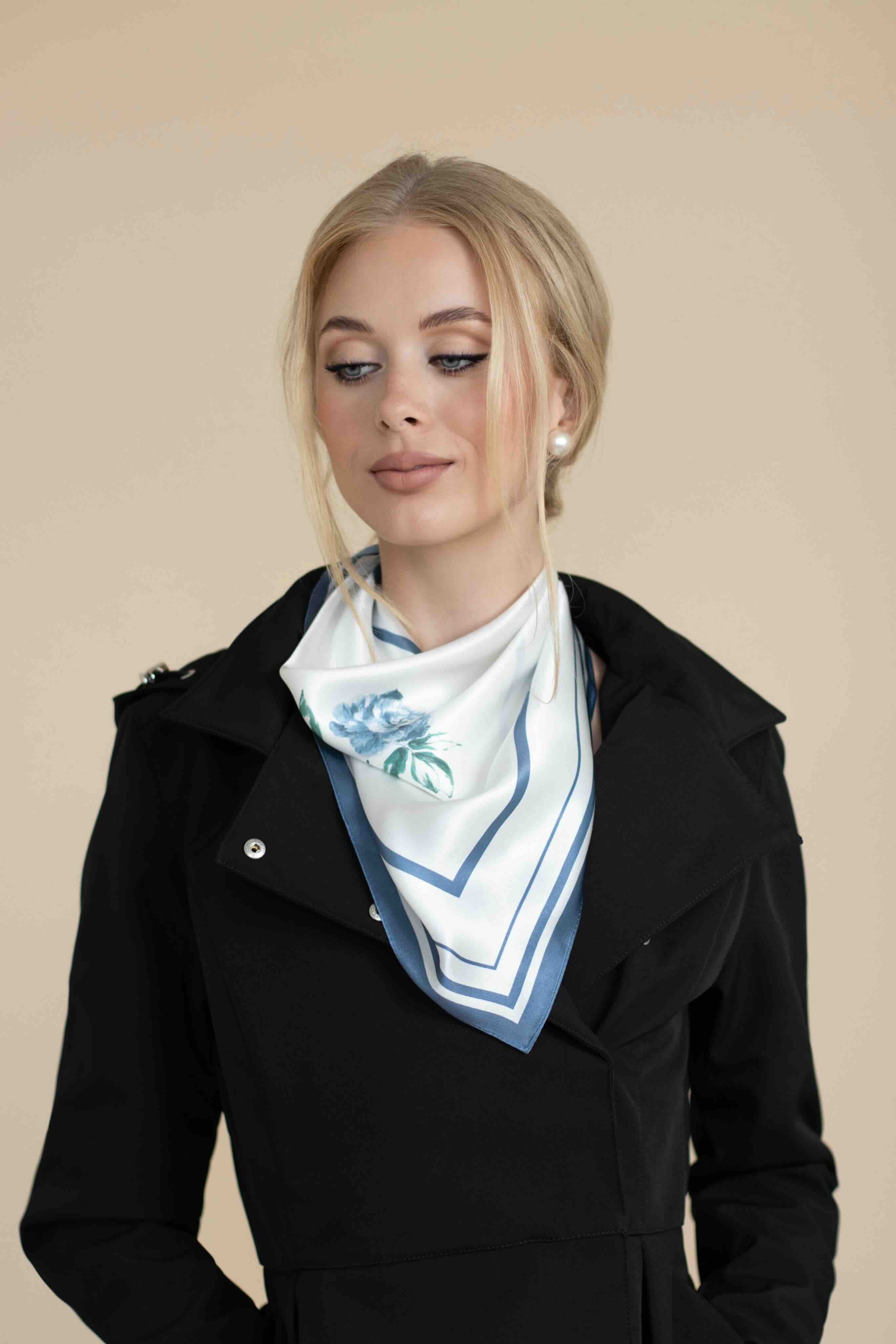 Small Minimal Floral Natural Silk Scarf | Blue Collection - Image 2