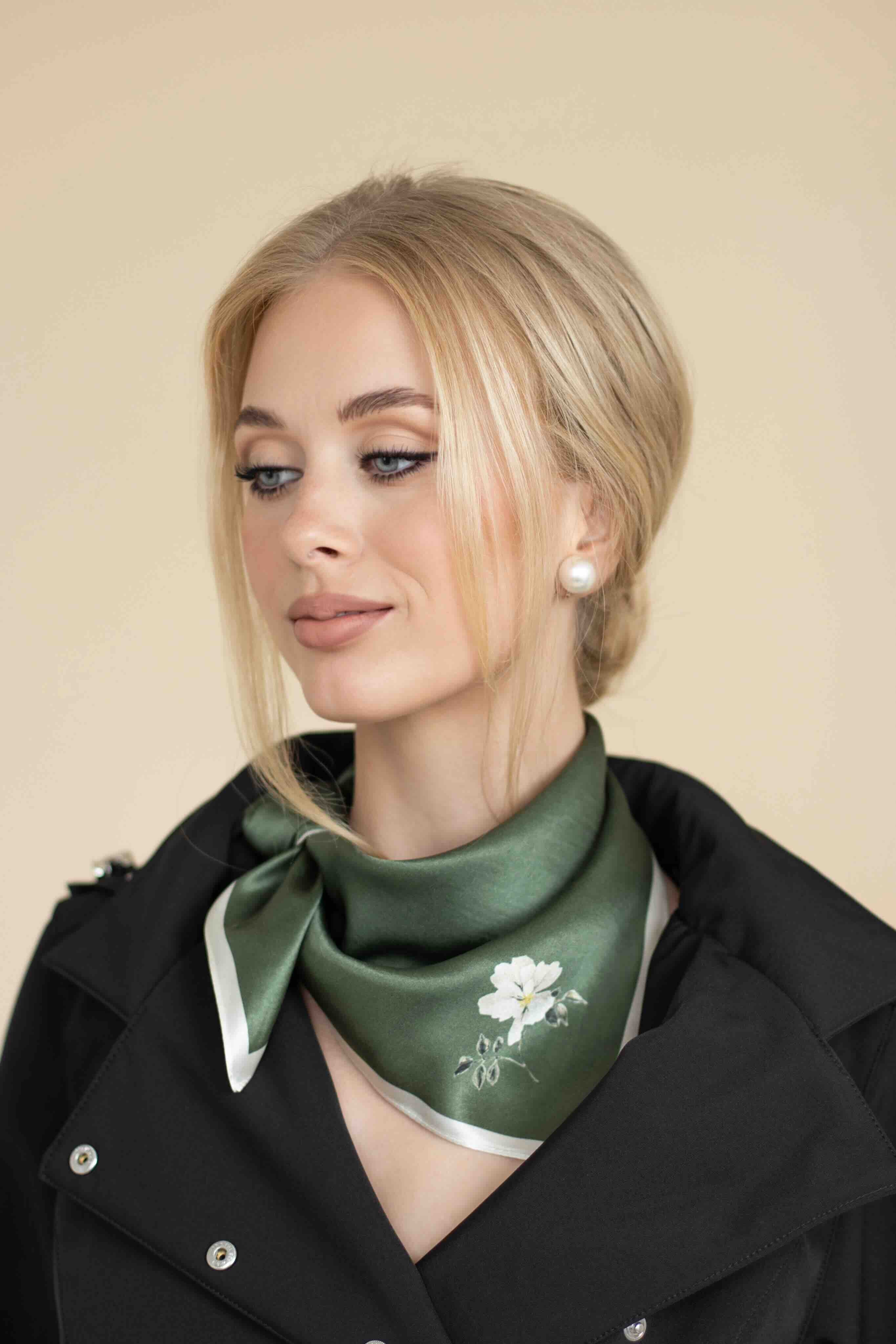 Small Minimal Floral Natural Silk Scarf | Green Collection - Image 2