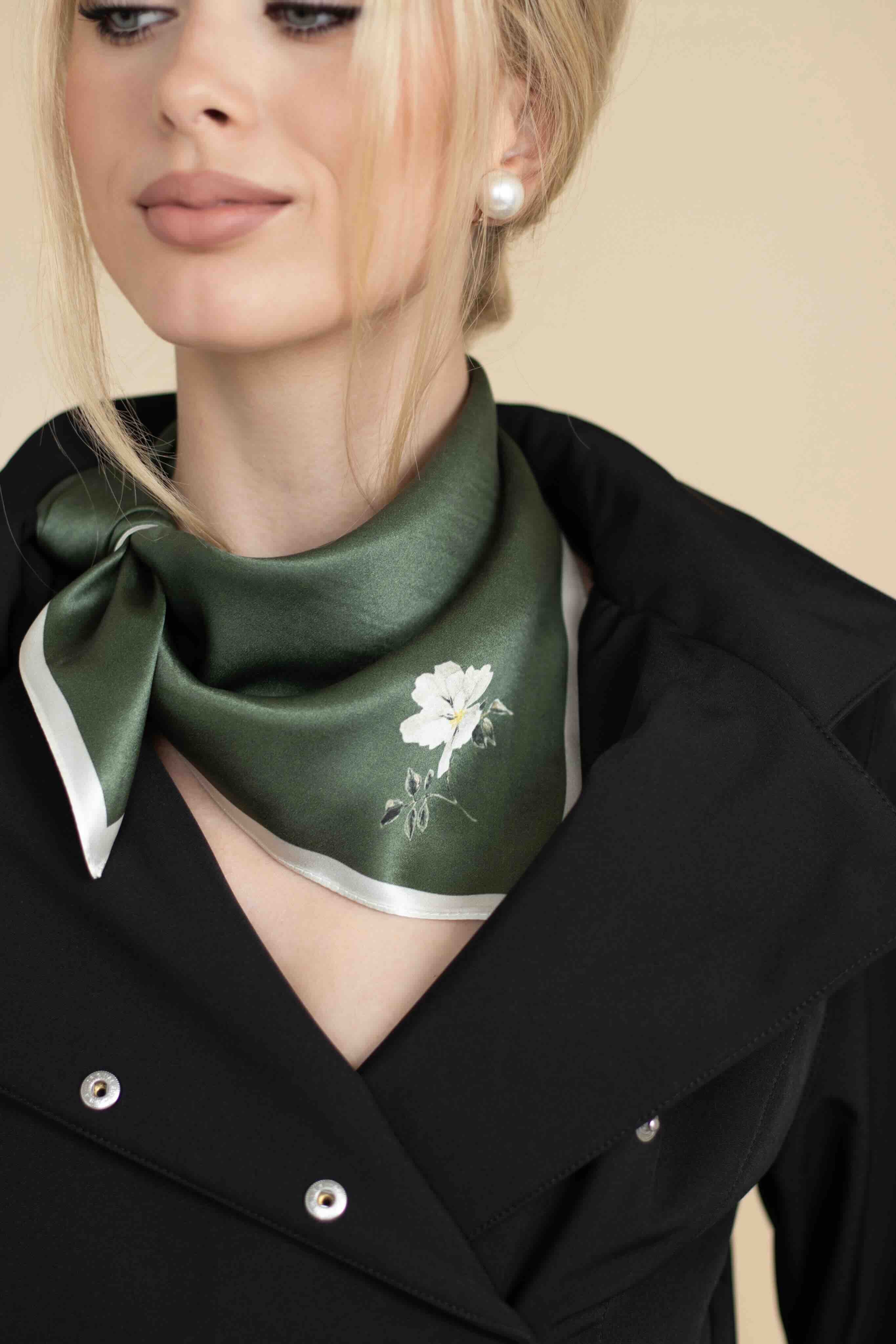 Small Minimal Floral Natural Silk Scarf | Green Collection - Image 3