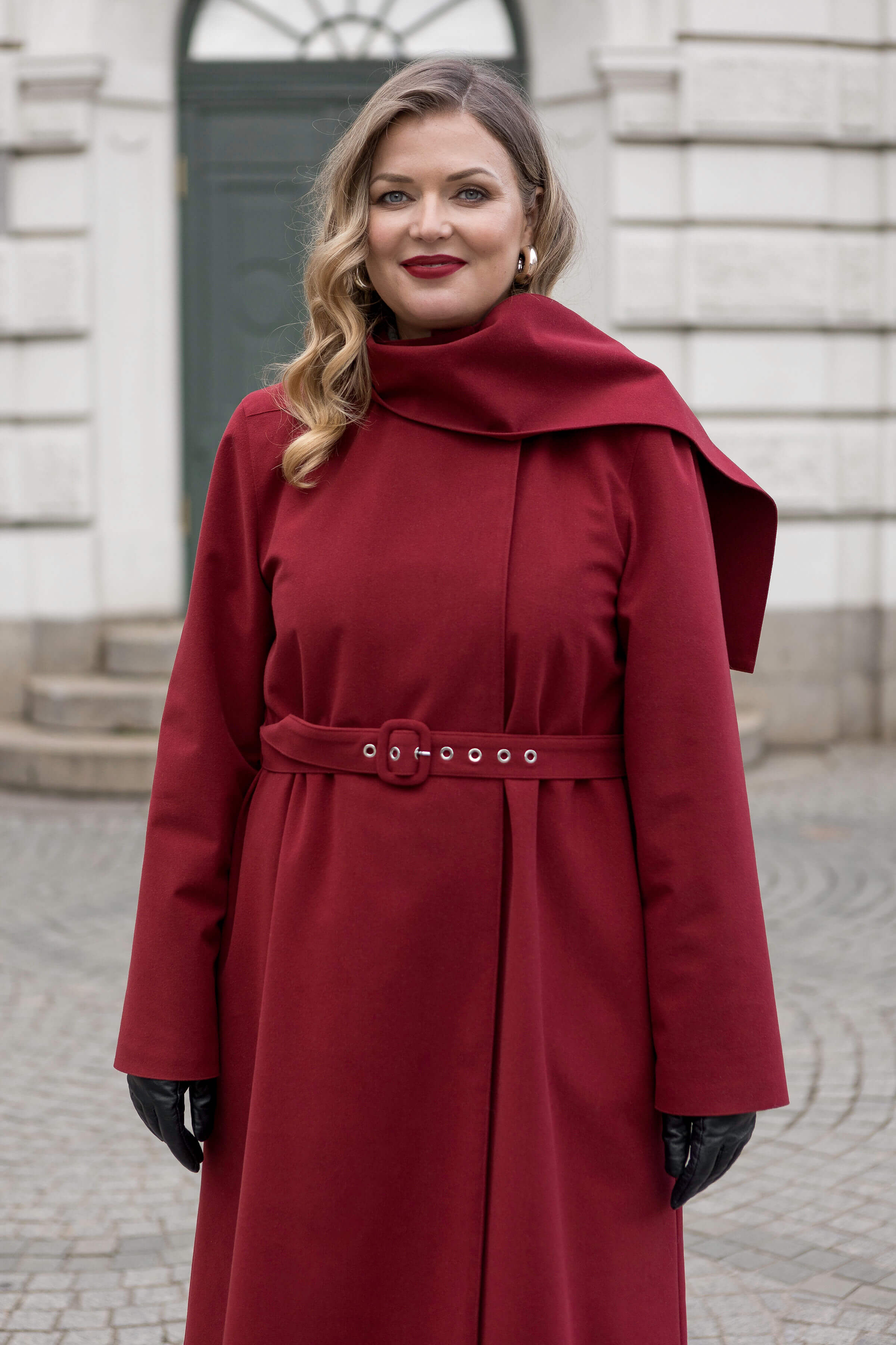 Warm Double Breasted Coat with Hood & Scarf | Winter Maroon - Image 4