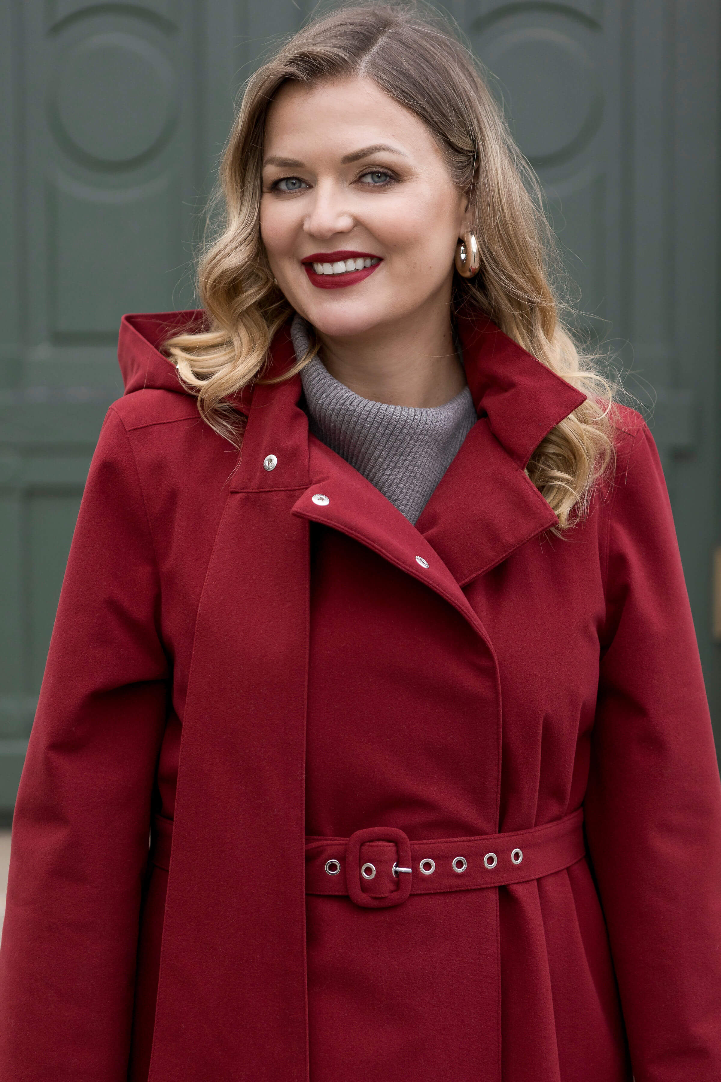 Warm Double Breasted Coat with Hood & Scarf | Winter Maroon - Image 5