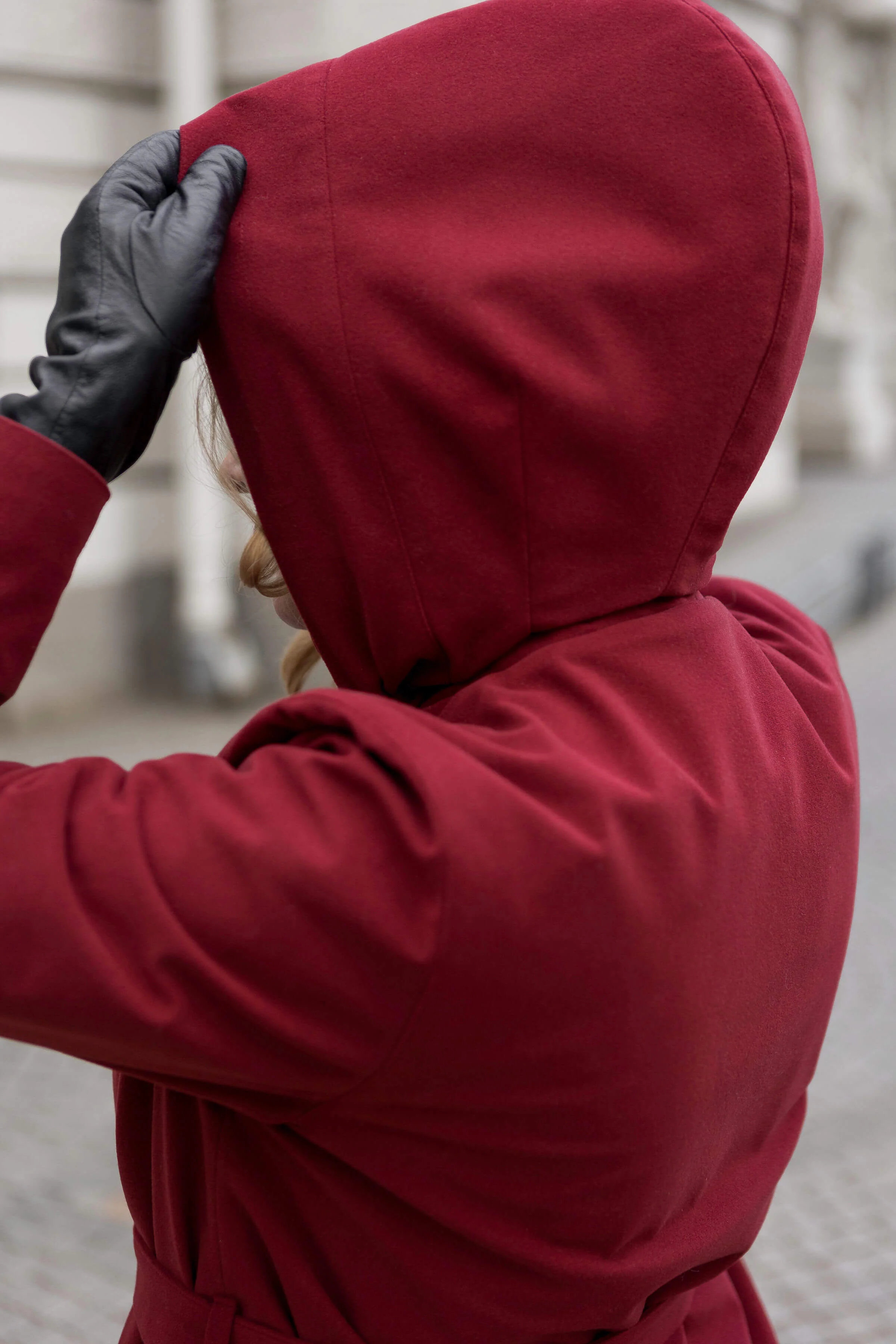 Warm Double Breasted Coat with Hood & Scarf | Winter Maroon - Image 6