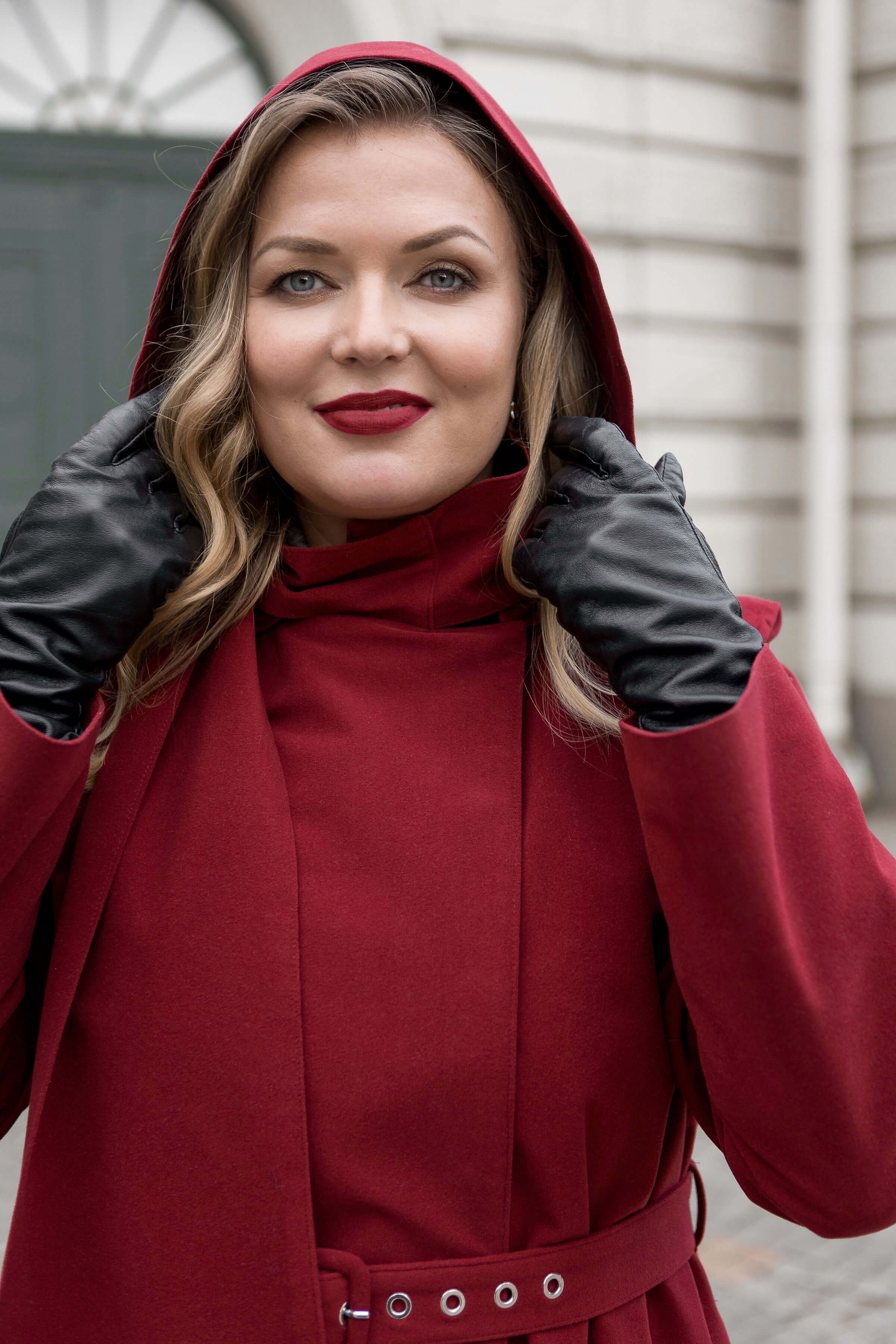 Warm Double Breasted Coat with Hood & Scarf | Winter Maroon - Image 7