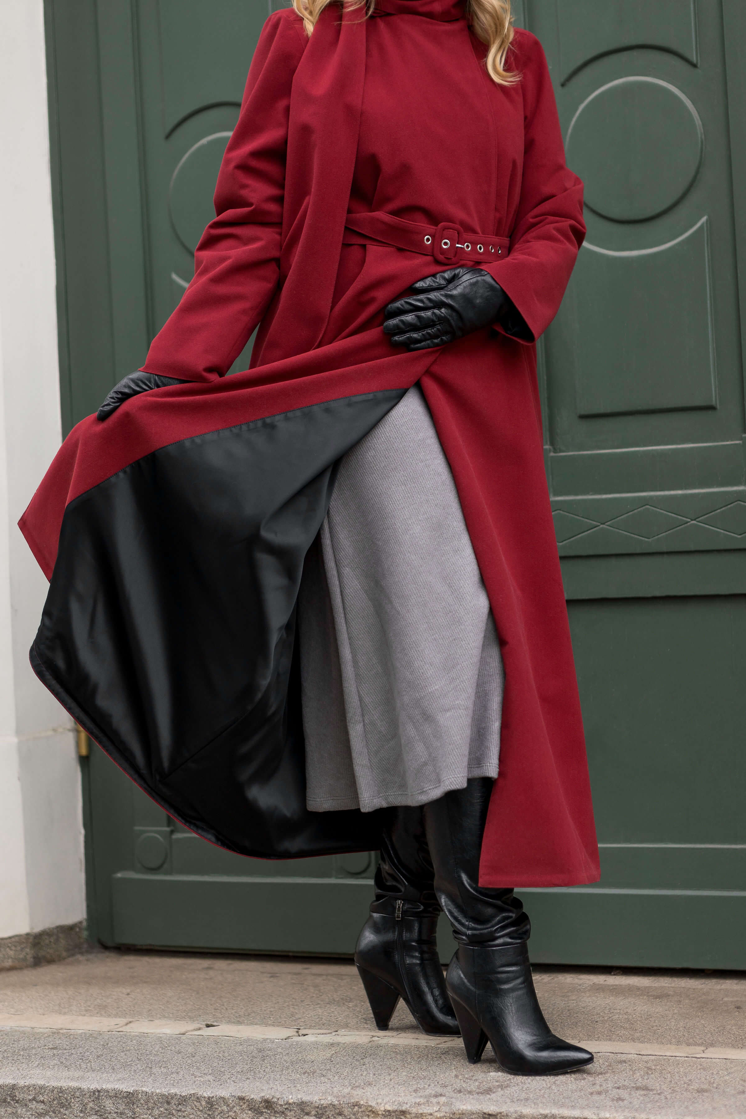 Warm Double Breasted Coat with Hood & Scarf | Winter Maroon - Image 9